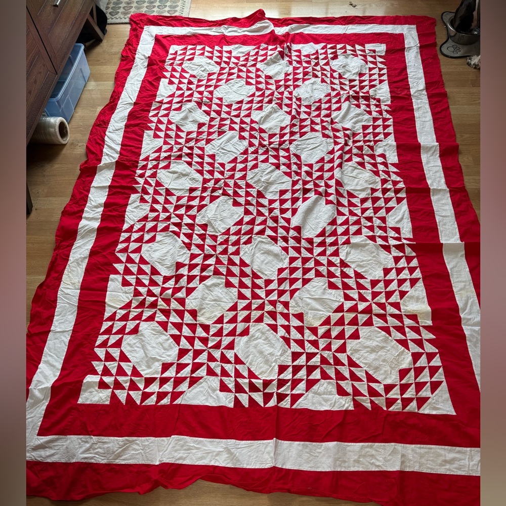 Antique 1930s Red And White Ocean Waves Quilt Top